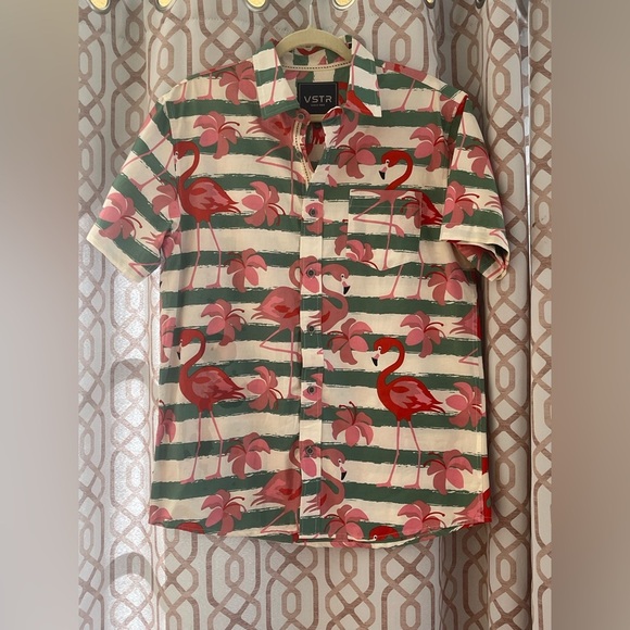 Men's VSTR Flamingo Print Shirt - Green and Pink - Picture 1 of 4